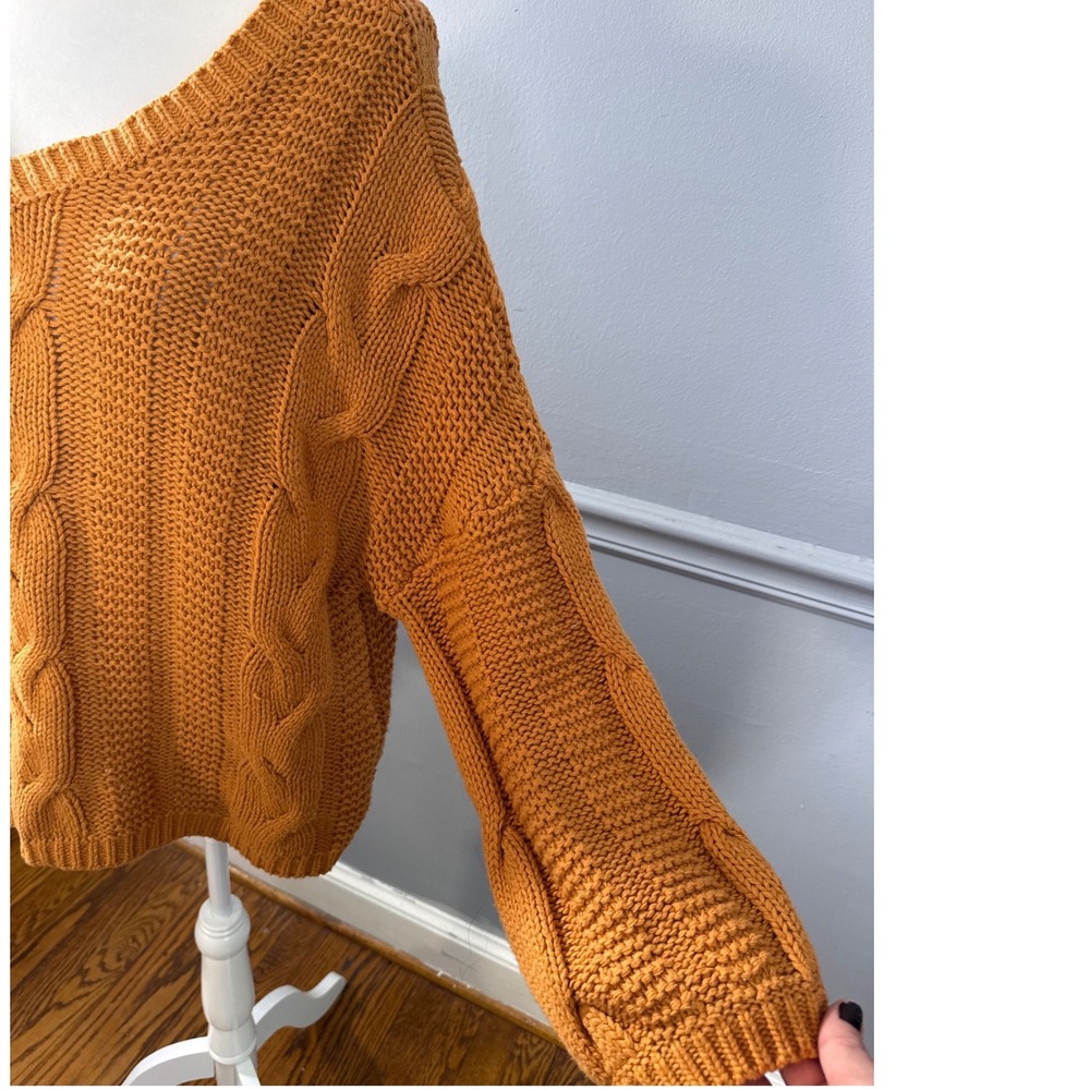 Mustard Orange Chunky Cable Knit V-Neck Oversized Sweater Womens‎ Relaxed Fit - Picture 3 of 12